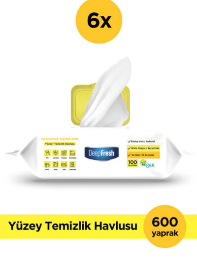 İz Bırakmaz Yüzey Temizlik Havlusu 100 Yaprak 6 Adet | Limon Yağlı | Karbonat, Beyaz Sirke